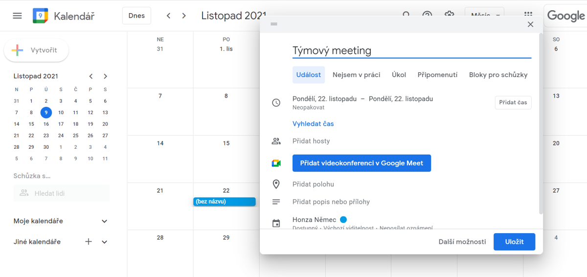 Jednou z výhod Google Meet je, že si můžete on-line schůzky naplánovat přímo z Google kalendáře.