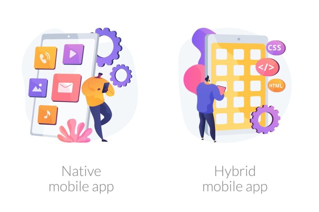 Grafika naznačující rozdíly mezinativní a hybridní aplikací.