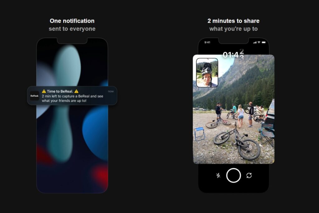 Screenshoty mobilního displeje s notifikací a s pořízením snímku v aplikaci BeReal.