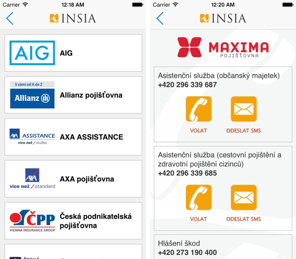Ukázka z mobilní aplikace POJIŠŤOVNY. se seznameme pojišťoven a ukázkou kontaktů.