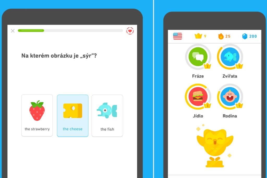 Screenshoty z aplikace Duolingo v obchodě Google Play.