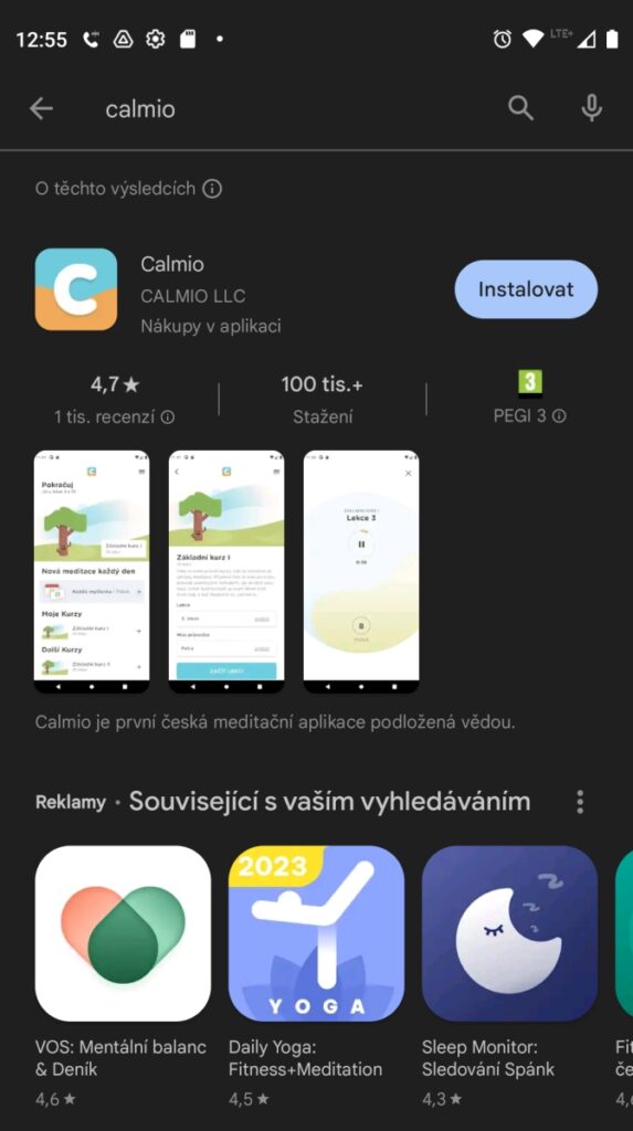 Výsledek vyhledávání v obchodě Google Play po zadání názvu aplikace Calmio.
