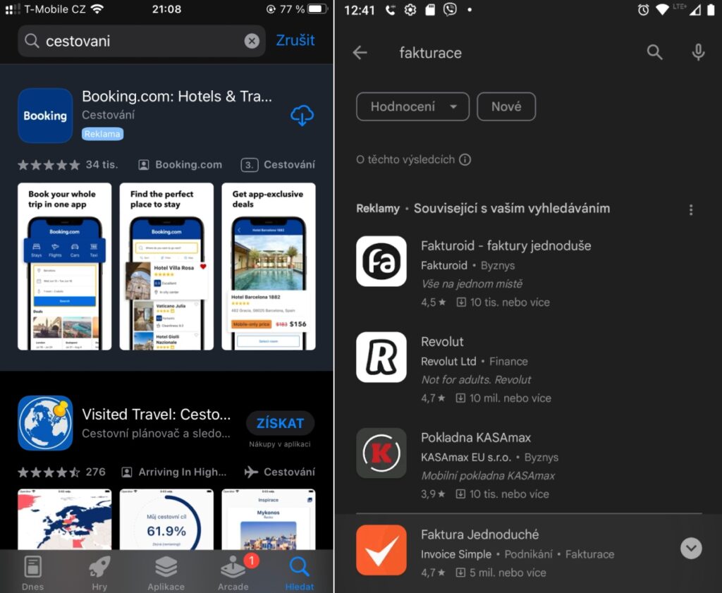Screenshoty s porovnáním výsledků vyhledávání v obchodech App Store a Google Play.